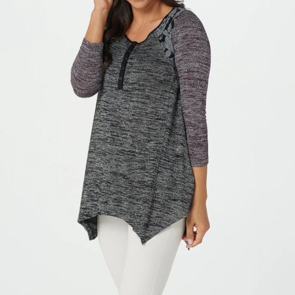LOGO by Lori Goldstein Space Dye Henley Tunic Top Size 3X Gray Black Pockets